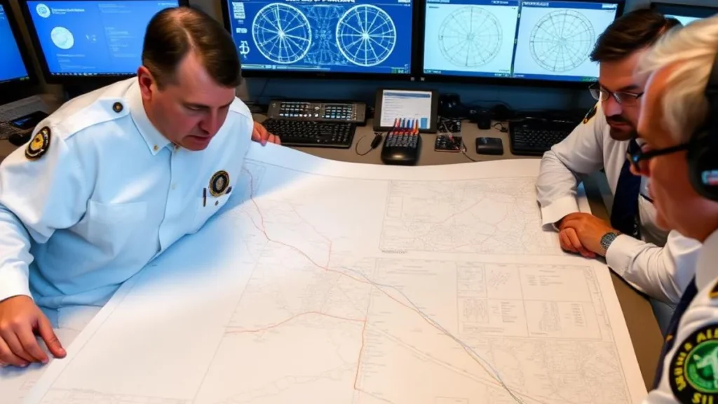 FAA officials reviewing helicopter route charts in operations center
