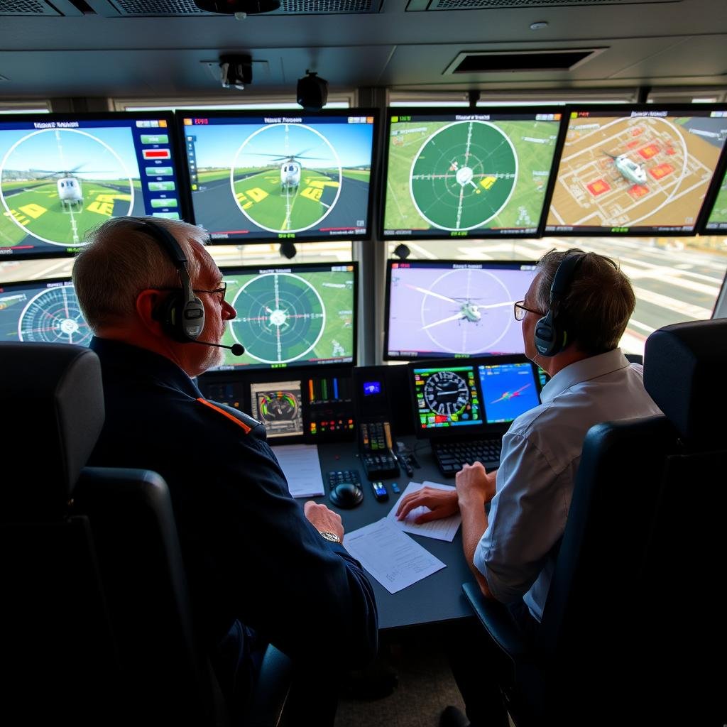 Air traffic controllers monitoring helicopter routes