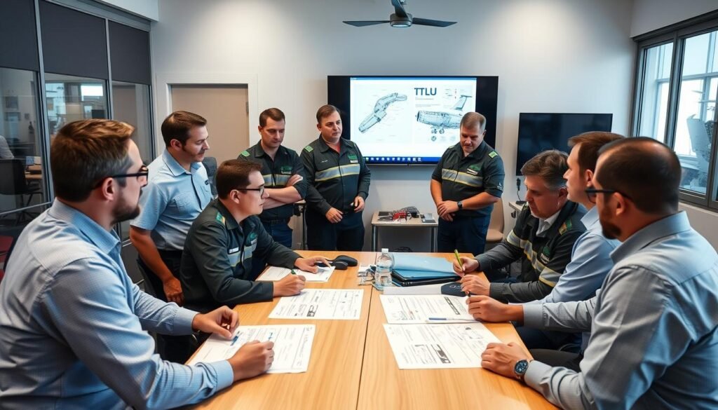 Aviation maintenance team meeting to discuss implementation of FAA Airworthiness Directive ATR42-500 ATR72