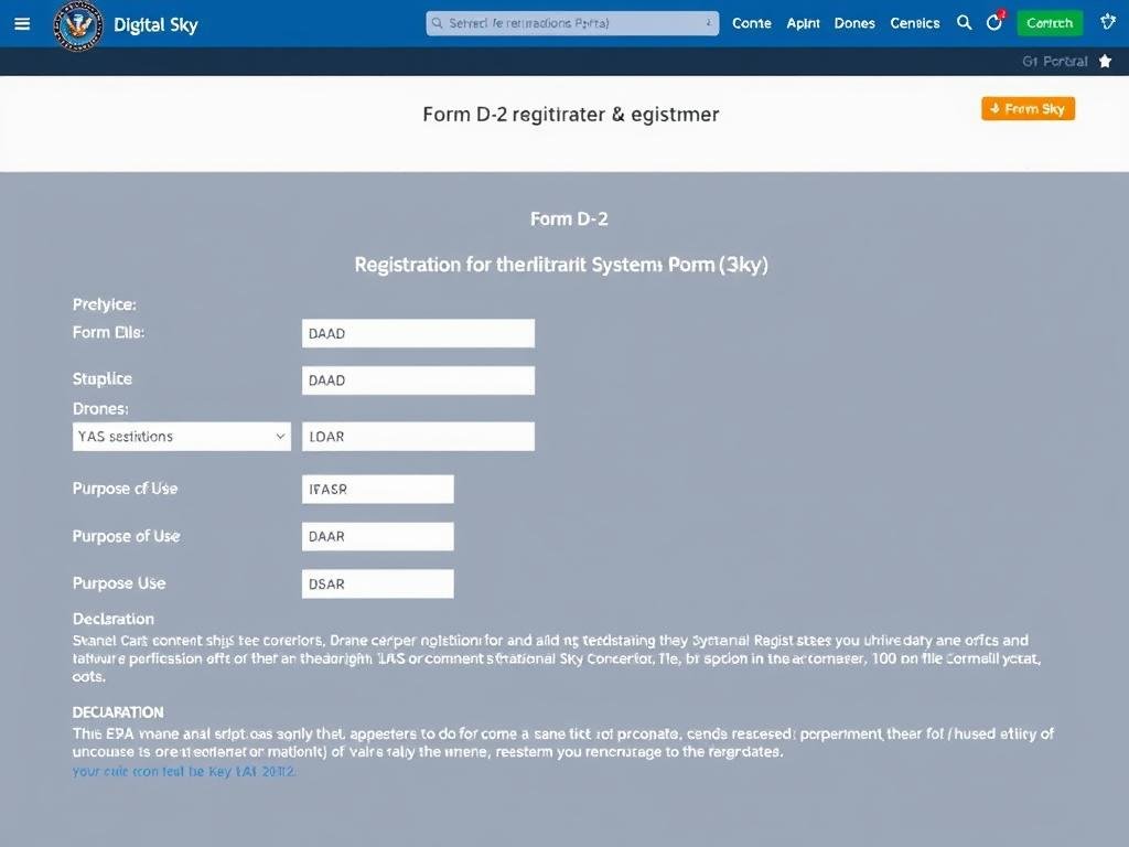 Digital Sky portal showing Form D-2 registration interface for UAS Digital Sky portal showing Form D-2 registration interface for UAS