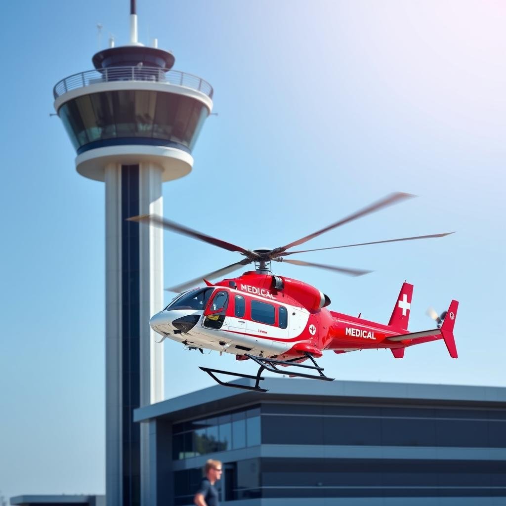 Medical helicopter in flight near airport