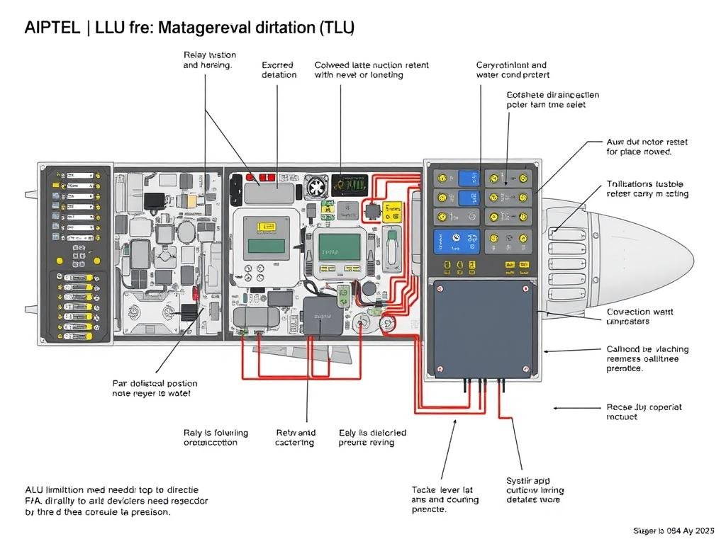 Technical diagram showing the travel limitation unit (TLU) components affected by FAA Airworthiness Directive ATR42-500 ATR72