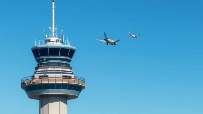 Air traffic control tower with planes in background illustrating FAA Emergency Order Navigable Airspace Operating Limitations