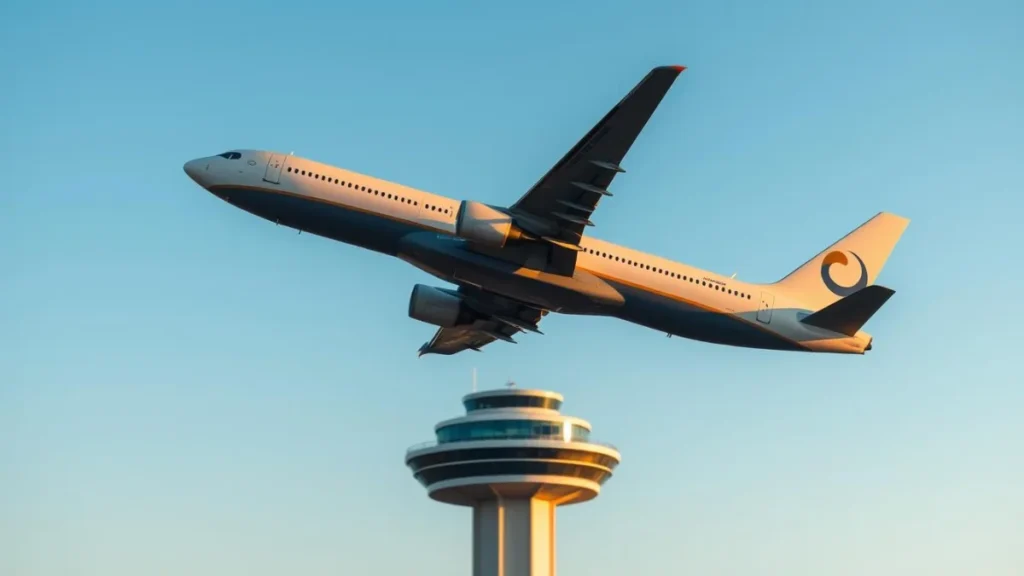 Commercial aircraft in flight with air traffic control tower in background symbolizing safe navigable airspace operations