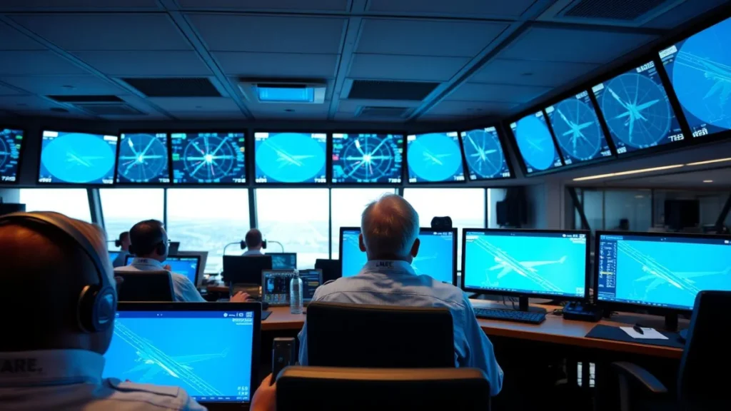 Air traffic controllers working at radar screens in control center during the FAA Emergency Order period