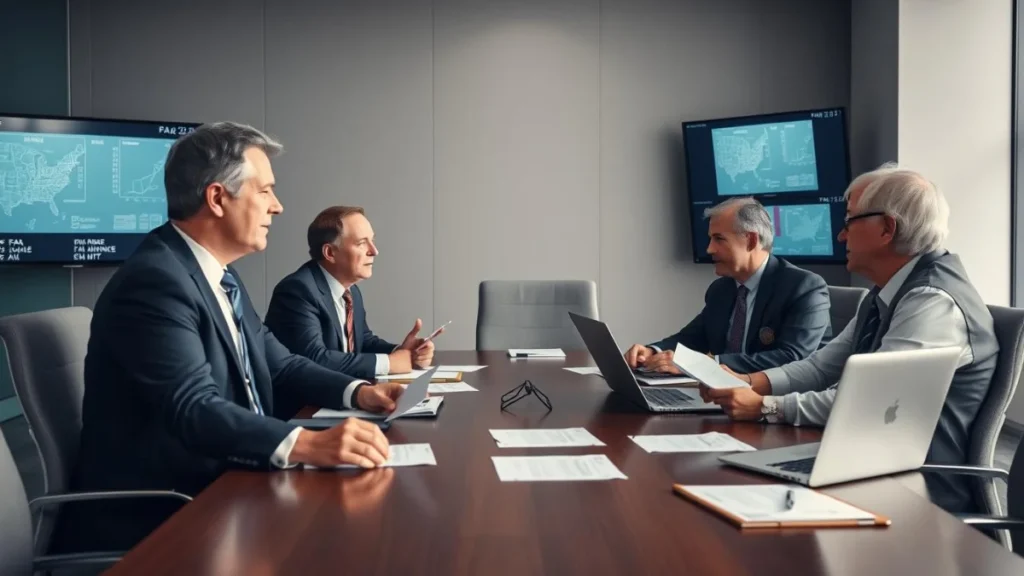 Airline representatives and FAA officials in a meeting discussing the impact of the Emergency Order on Navigable Airspace