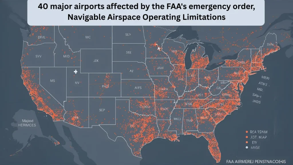 Map showing the 40 major airports affected by the FAA Emergency Order Navigable Airspace Operating Limitations