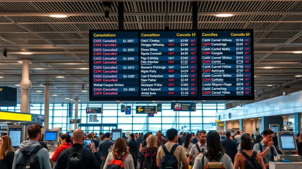 Crowded airport terminal showing passengers affected by flight cancellations due to FAA Emergency Order