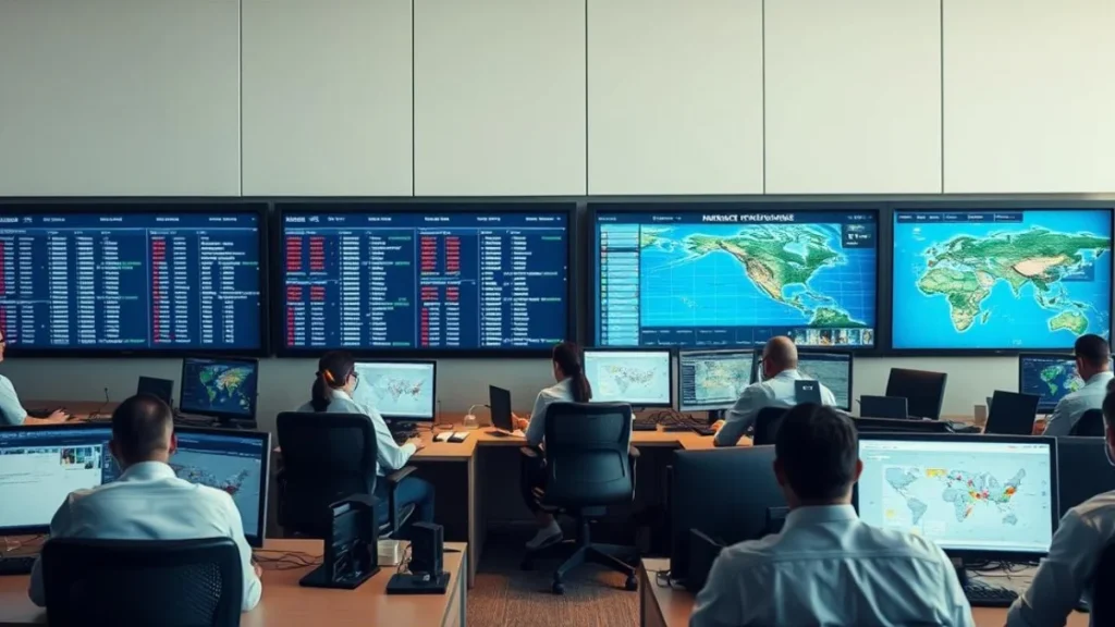 Airline operations center with staff managing flight schedule adjustments due to FAA Emergency Order