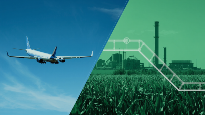 Split composition: left side shows a commercial aircraft in flight, right side shows a biofuel refinery with corn feedstock