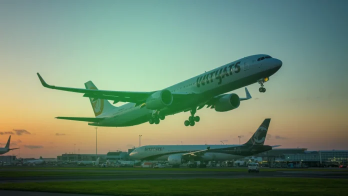 Commercial aircraft taking off at dusk with carbon emissions tracking overlay representing CORSIA Phase 2 mandatory compliance obligations for US airlines beginning January 2027