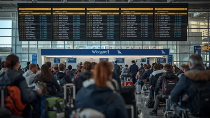 Busy European airport departure hall with flight delay board and passengers waiting representing EU261 passenger rights regulation reform debate between IATA European Parliament and Council in 2026
