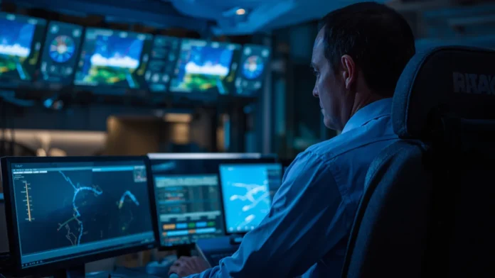 FAA air traffic controller at radar workstation reviewing flight path data on blue-lit screens inside a control facility