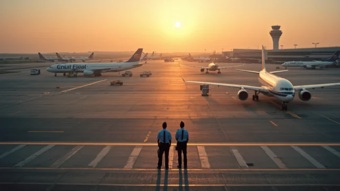 Aerial view of Indian international airport tarmac with commercial aircraft and security personnel representing DGCA revised airport photography security rules issued May 8 2026 across all 163 operational Indian airports