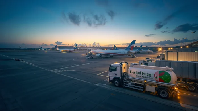 European airport tarmac with commercial aircraft and SAF fuel tanker representing ReFuelEU Aviation EU SAF mandatory blending targets and compliance obligations from 2025