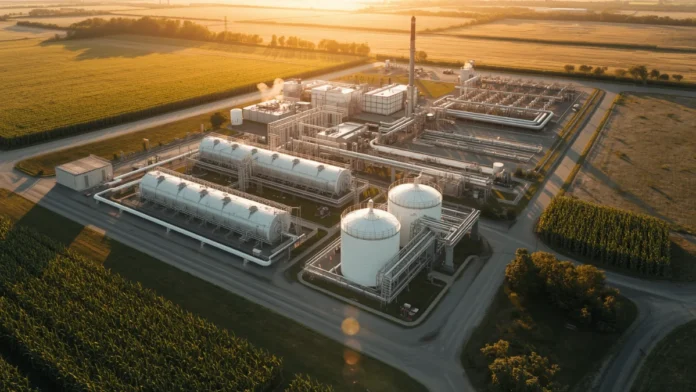 Sustainable aviation fuel production refinery surrounded by agricultural corn fields representing the Securing America's Fuels Act and the 45Z SAF bonus credit reinstatement bill introduced February 2026