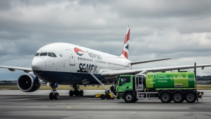Commercial aircraft refuelling at a UK airport with an SAF fuel tanker on the tarmac representing the UK Sustainable Aviation Fuel Act 2026 mandatory blending requirements from 2% to 22% by 2040