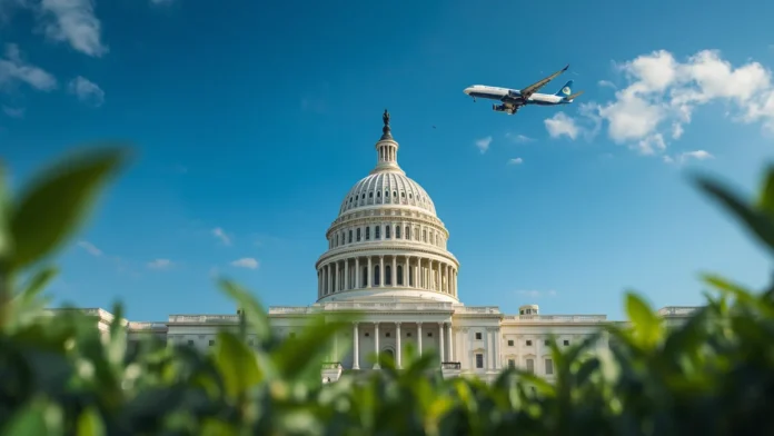US Capitol building with commercial aircraft overhead representing the House passage of the Farm Food and National Security Act 2026 with first-ever sustainable aviation fuel provisions