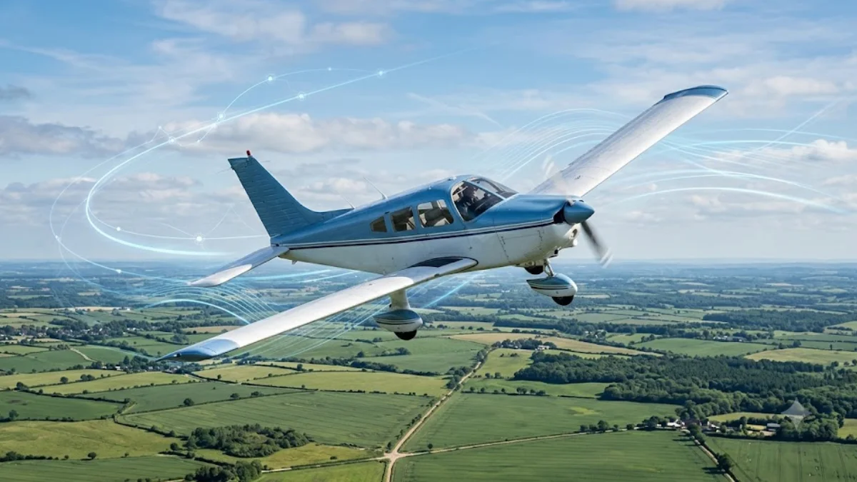 Small general aviation aircraft in flight with subtle data visualization overlay, representing data-driven safety monitoring in general aviation`