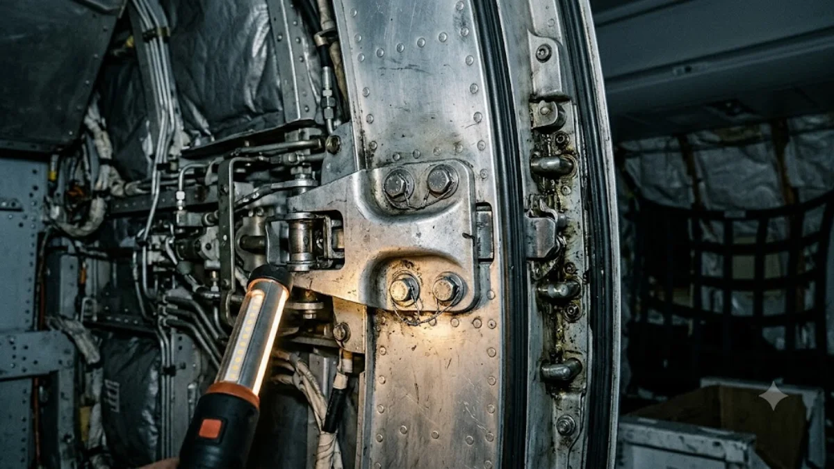Close-up of aircraft baggage door stop fitting hardware, illustrating FAA AD 2026-09-18 torque check requirement for Bombardier BD-700 aircraft`