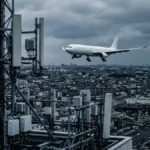 Commercial aircraft on final approach over urban area with telecommunications infrastructure, representing FAA 5G C-Band radio altimeter airworthiness directives for Canadian airspace`