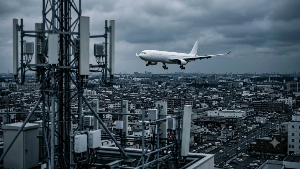 Commercial aircraft on final approach over urban area with telecommunications infrastructure, representing FAA 5G C-Band radio altimeter airworthiness directives for Canadian airspace`
