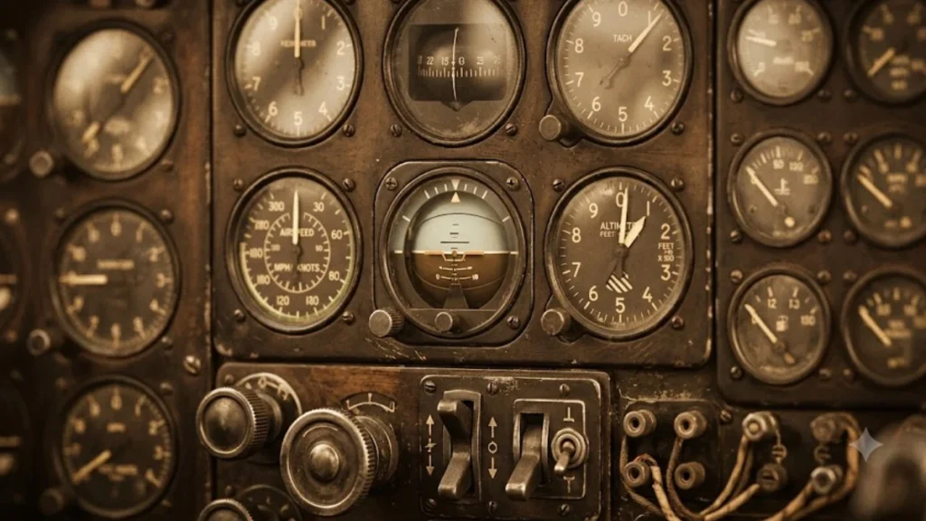 `Vintage analog aircraft instrument panel, representing the early history of flight data monitoring in aviation`