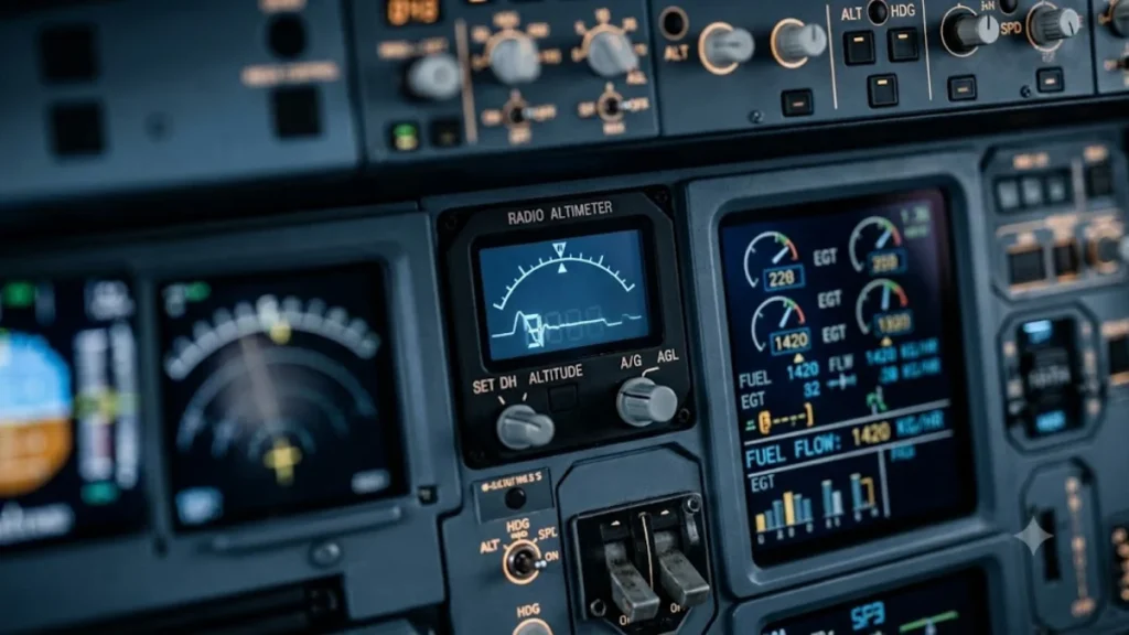 Aircraft cockpit avionics panel with radio altimeter display, representing FAA airworthiness directive on radio altimeter reliability in Canadian 5G airspace`