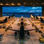 Aircraft maintenance hangar at dusk with multiple aircraft silhouettes, representing IATA's call for realistic equipment mandate timelines amid global supply chain pressure