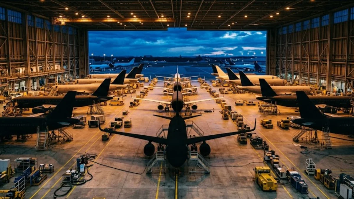 Aircraft maintenance hangar at dusk with multiple aircraft silhouettes, representing IATA's call for realistic equipment mandate timelines amid global supply chain pressure