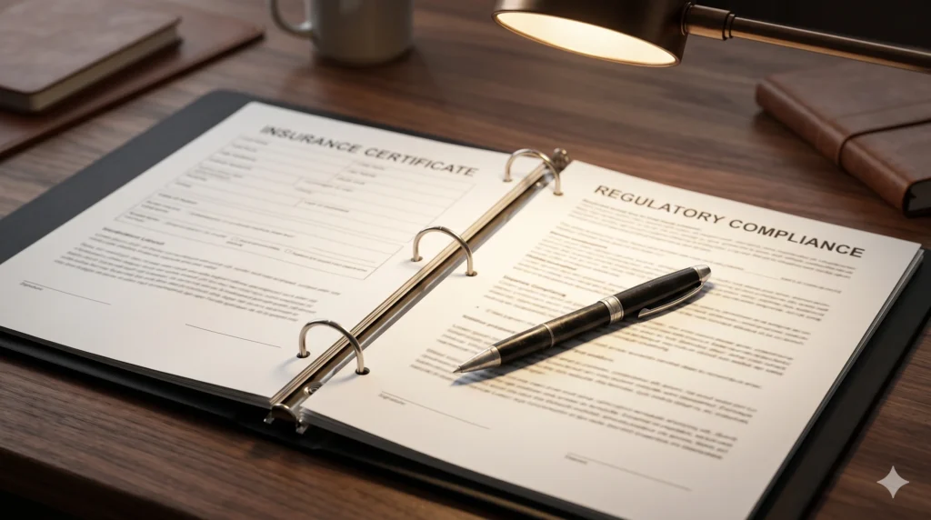 Aviation compliance desk close-up, open regulatory binder with insurance certificate documents visible but no legible text, a pen resting on the page, dark wood desk surface