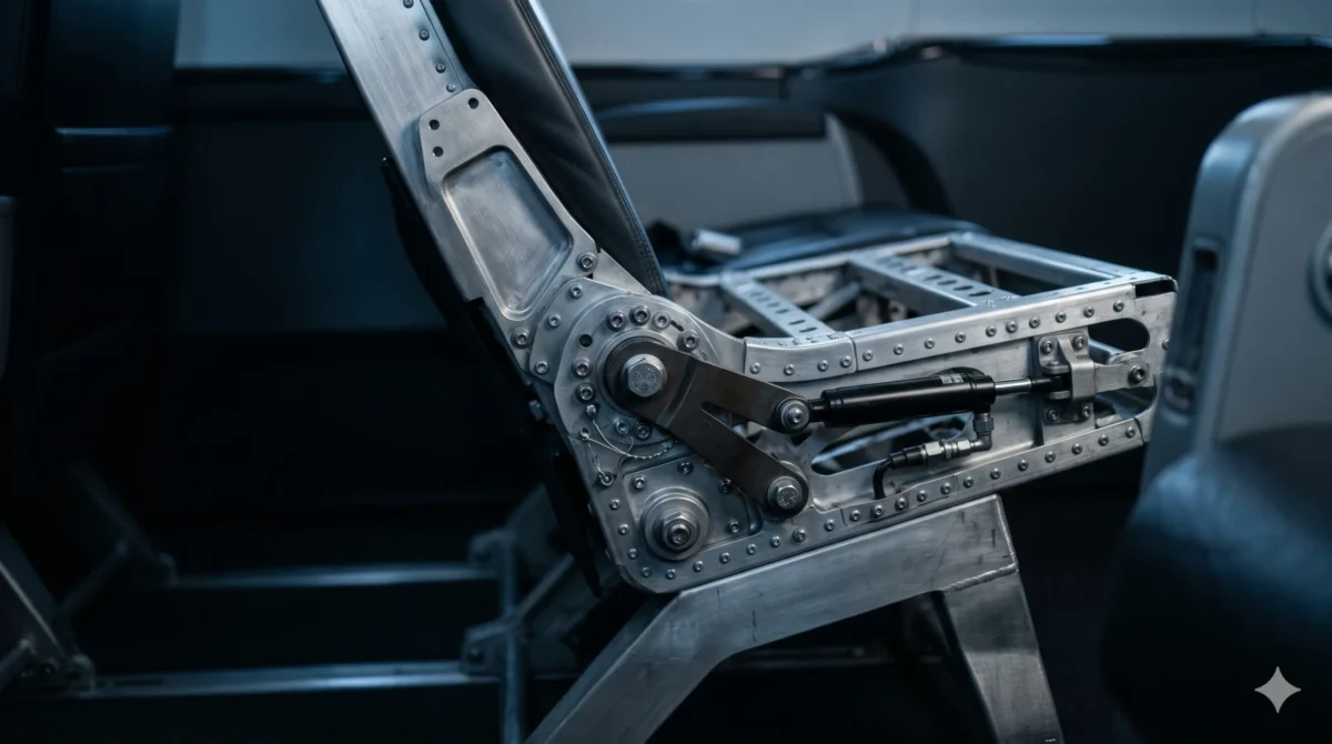 Close-up of business jet seat frame fastener assembly, illustrating FAA AD 2026-11-07 seat frame modification requirement for Bombardier BD-700 aircraft`