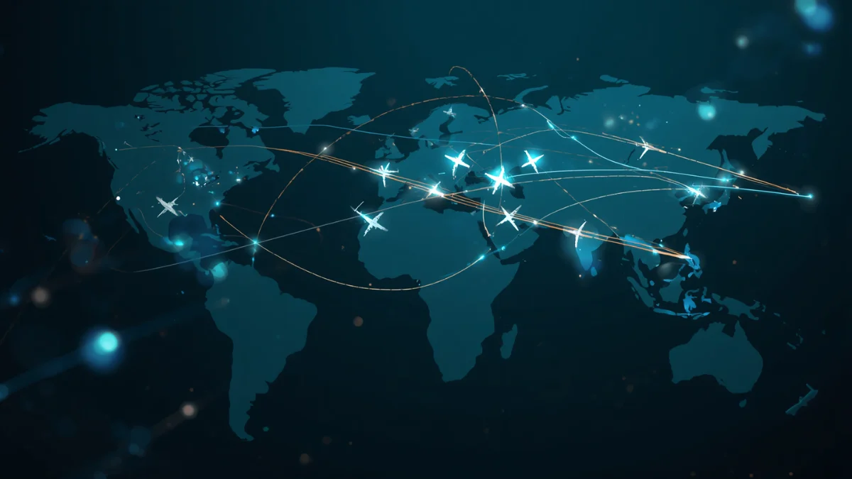 Global flight path network visualization representing ICAO Annex 19 Amendment 2 international safety management standards