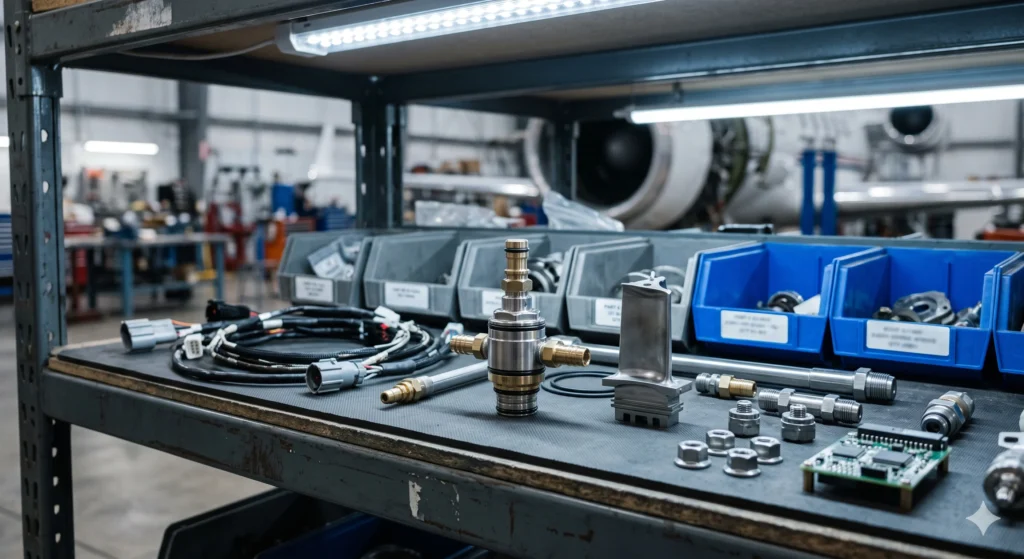 Aircraft replacement parts organized on a maintenance facility shelf, representing global aviation supply chain constraints addressed by IATA
