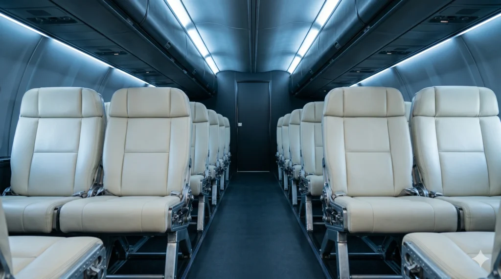 Interior of a large-cabin business jet, empty cabin looking toward the rear, 
rows of cream leather seats with visible seat frame base structure, dark overhead 
panels, cool industrial lighting,