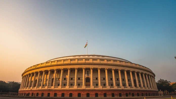 Indian Parliament building at dawn with aircraft silhouette representing the Bharatiya Vayuyan Adhiniyam 2024 India’s new aviation legislative framework replacing the Aircraft Act 1934 from January 1 2025