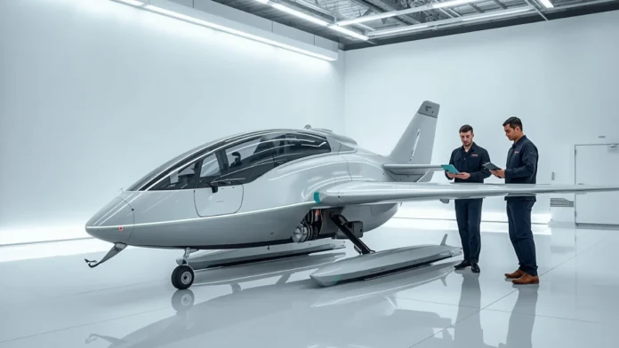 Engineers reviewing technical documentation beside an eVTOL electric aircraft in aviation facility representing EASA Easy Access Rules Continuing Airworthiness June 2026 revision incorporating Regulation EU 2025/111 for electric and hybrid aircraft