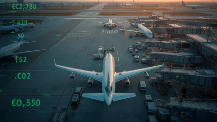 EU ETS Aviation Free Allowances phazed out Busy European airport with multiple commercial aircraft representing EU ETS aviation free allowance phase-out in 2026 and approaching July Commission scope assessment for long-haul routes