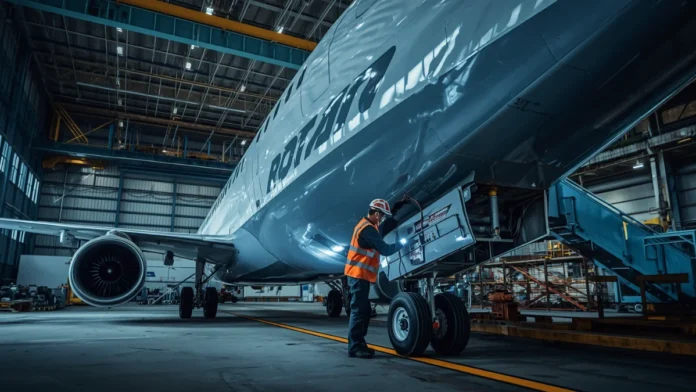 Aviation technician inspecting Boeing 737 Classic lower fuselage in maintenance hangar representing FAA airworthiness directive for fuselage crack inspection effective June 17 2026 :