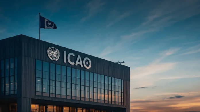 ICAO headquarters Montreal at dawn with aircraft silhouette representing ICAO Aviation Climate Week 2026 ACT-LTAG programme launch and CORSIA Phase 2 readiness review June 2 to 4 2026-ICAO Aviation Climate Week 2026