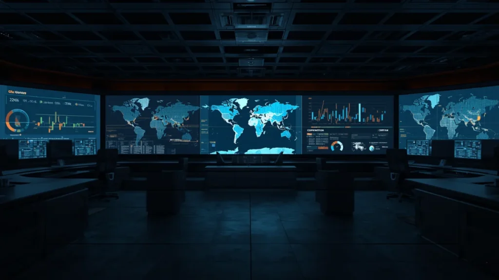 Aviation safety operations center with global safety data displays, representing ICAO Annex 19 Amendment 2 safety intelligence requirements