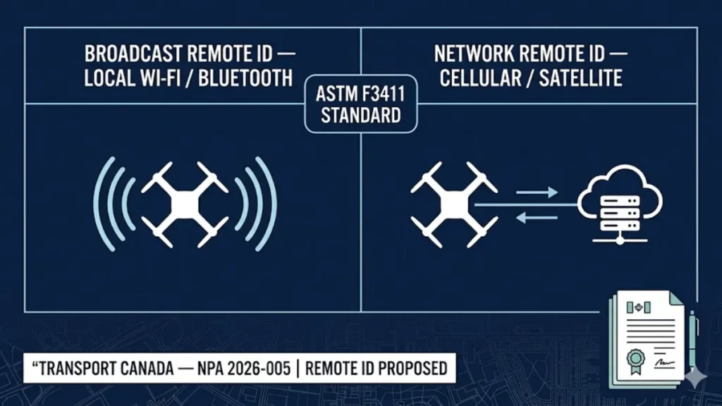 Comparison diagram of Broadcast Remote ID and Network Remote ID options under Transport Canada NPA 2026-005 