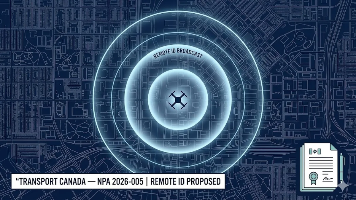 Drone emitting Remote ID signal over urban area representing Transport Canada NPA 2026-005 proposed regulation