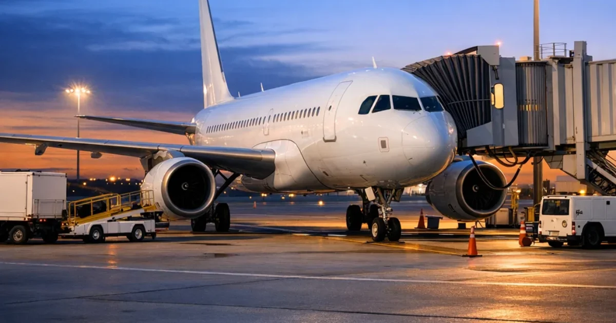 Modern narrow-body aircraft at airport gate, representing FAA AD 2026-14-11 corrected ECS non-normal checklist requirement for Boeing 737 MAX operators