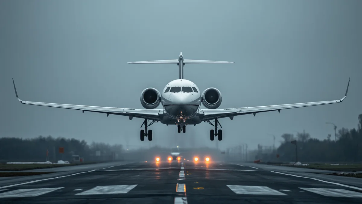 Commercial narrow-body aircraft on final approach in overcast conditions, representing FAA AD 2026-13-13 radio altimeter limitations for Boeing 737 Classic and NG operations in Canadian airspace`