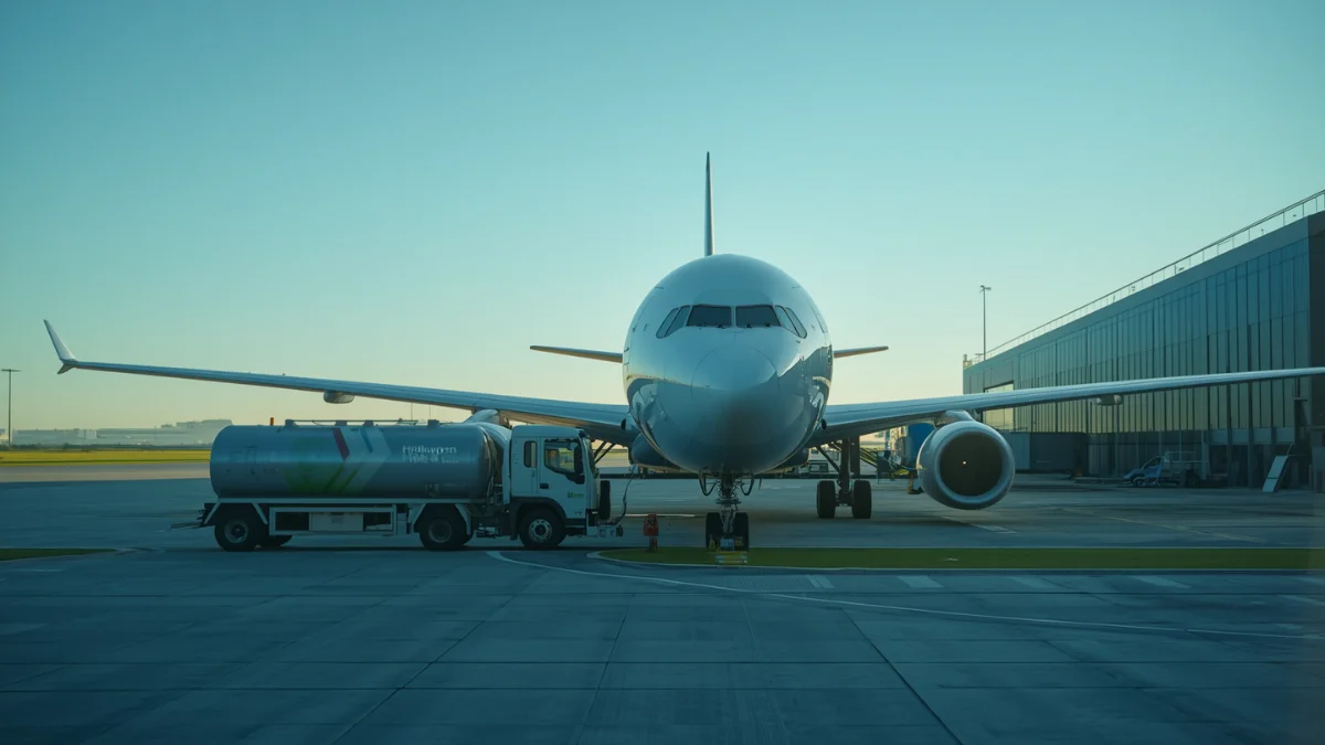 Commercial aircraft on airport apron with hydrogen fuel tanker nearby, representing the UK CAA Hydrogen Roadmap for hydrogen-powered aviation by 2035