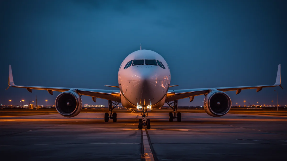 Large twin-engine widebody aircraft on airport apron at dusk, representing FAA AD 2026-13-06 on Rolls-Royce Trent XWB fuel manifold hose inspections for Airbus A350 operators`