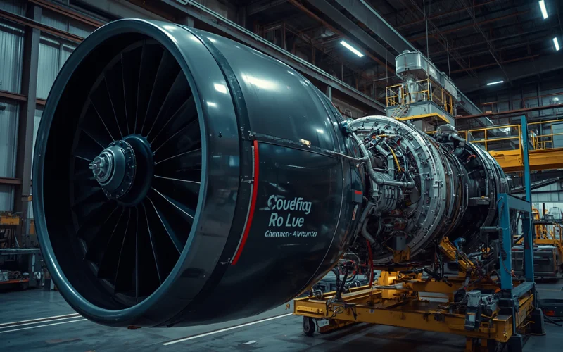 Large turbofan engine in maintenance shop with fuel system components visible, representing GE GEnx fuel tube hose lot identification and removal process under FAA AD 2026-14-03