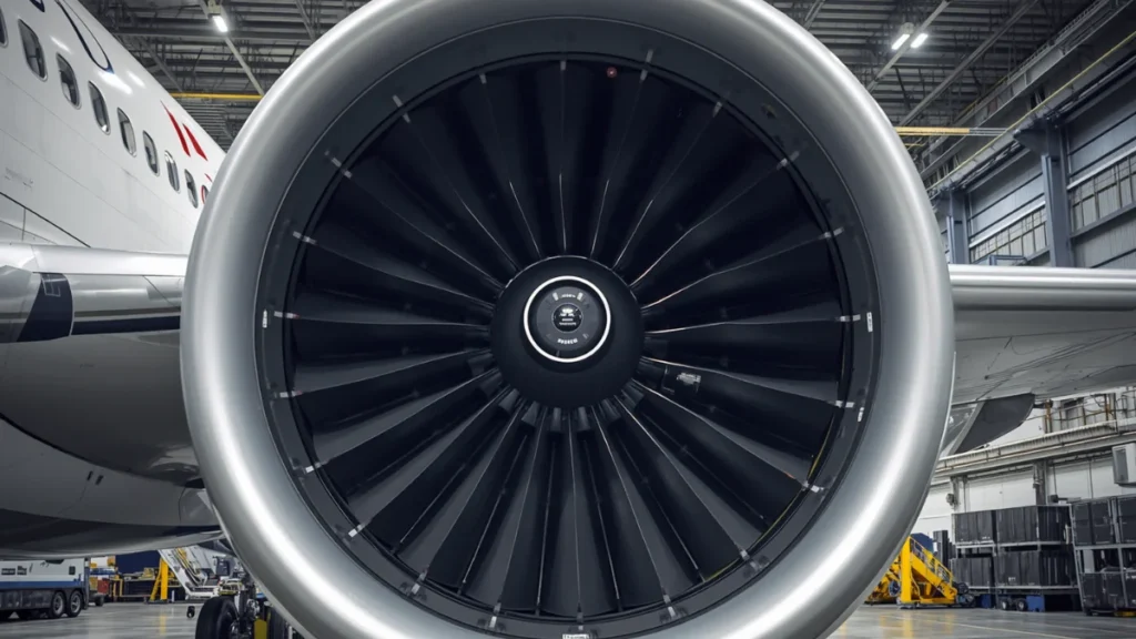 Large turbofan engine open for maintenance inspection in MRO hangar, representing Trent XWB fuel manifold hose inspection requirement under FAA AD 2026-13-06`
