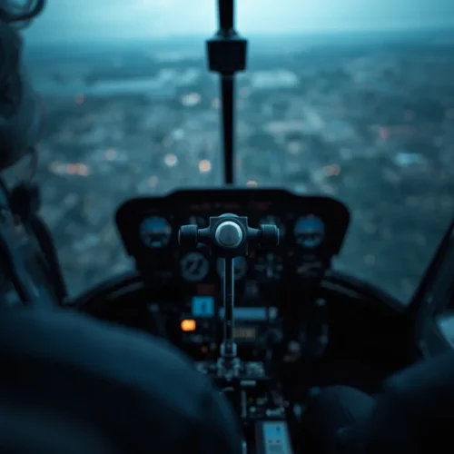 Helicopter cockpit cyclic stick and collective control area, representing the pilot cyclic stick tube inspection requirement under FAA AD 2026-14-07 for Bell 407 helicopters`